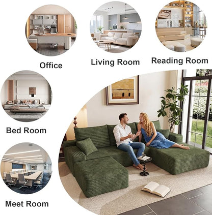 95" Cloud Sectional Couch U-Shaped Chaise with Ottoman, Corduroy Boneless Couch for Living Room Bedroom, Deep-Seat Upholstered Modular Cloud Sofa, No Assembly Required (Green, Right Facing Chaise)