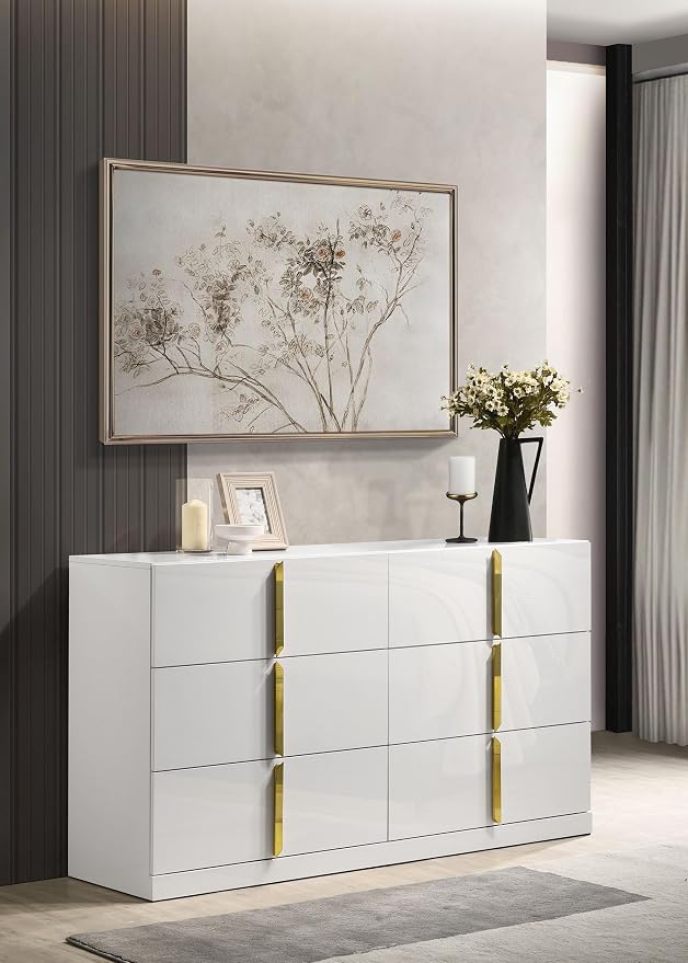 Coaster Home Furnishings - INES - Wood - 6-Drawer Dresser with Scratch-Resistant, Gold Pulls and Contemporary Style - Bedroom - White High Gloss - 223093