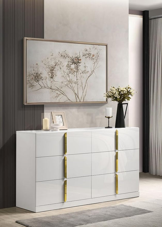 Coaster Home Furnishings - INES - Wood - 6-Drawer Dresser with Scratch-Resistant, Gold Pulls and Contemporary Style - Bedroom - White High Gloss - 223093