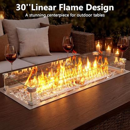 GRISUN Upgraded 30" x 10" Drop-in Fire Pit Kit with Glass Wind Guard & Lid, Linear Fire Pit Burner Pan, Stainless Steel Fire Pit Insert with Spark Ignition