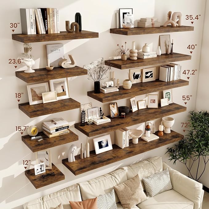 Vivelove 12" Deep Floating Shelves for Wall 16" Long, Wall Shelves for Living Room Bedroom Bathroom Kitchen Laundry Room, Farmhouse Rustic Shelves for Home Decor, 16" X 12" X 2" Set Of 2, Rustic Brown