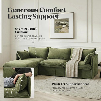 Cloud Modular Corner Sectional, Oversized Deep Seat Comfort, Luxe Chenille | Fully Removable Washable Covers, Memory Foam Seat Cushions, Storage Ottoman, Premium Fabric