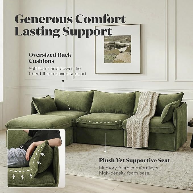 Cloud Modular Corner Sectional, Oversized Deep Seat Comfort, Luxe Chenille | Fully Removable Washable Covers, Memory Foam Seat Cushions, Premium Fabric