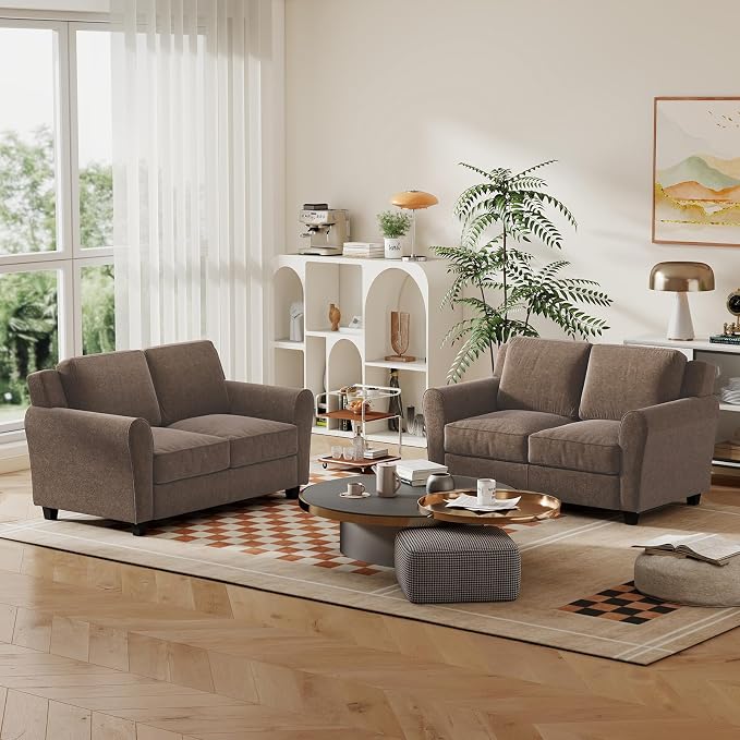 Bonzy Home 2 Piece Sofa Set, 2-Seater Sofa Couch Set of 2, Modern Comfy Sofa with Thick Cushion for Living Room Apartment Office, Brown