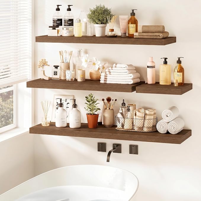 Vivelove Walnut Floating Shelves 40 Inches Long, Wall Display Shelves with Invisible Brackets, for Bathroom Living Room Kitchen Bedroom Office Farmhouse Home Decor, 40x9.3X 1.5 - Set of 2, Walnut