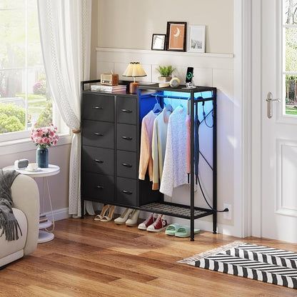 HIGDBFE Dresser with Hanging Rack, 8-Drawer Dresser for Bedroom with Charging Station & LED Lights, Fabric Dressers with Shoe Rack, Chest of Drawers with Wooden Top for Bedroom, Black, 11.8" D