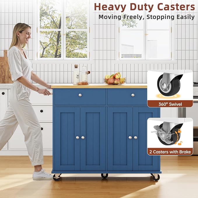 SUNLEI Kitchen Island with Storage, Rolling Kitchen Island Cart with Wheels & Drop Leaf & Towel Rack & 2 Drawers, Portable Island Table for Kitchen (Blue, 39.6“)
