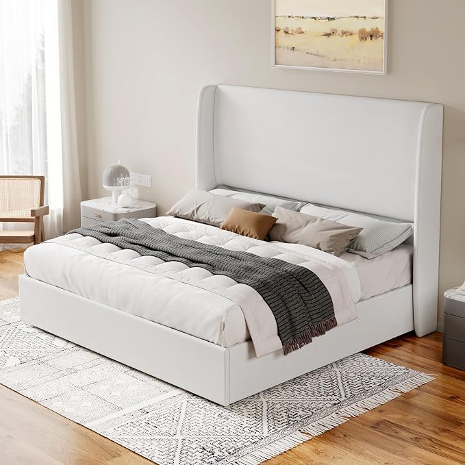 Jocisland Queen Size Bed Frame Lift Up Storage Bed Linen Upholstered Bed Frame with Hydraulic Storage/Wingback Headboard/No Box Spring Needed/White