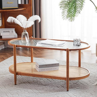VINGLI 38" Rattan Oval Coffee Table, Water-Wave Glass Metal Center Table, Modern Coffees Table with 2-Tier Storage, Farmhouse Coffe Table for Living Room and Small Space, Natural Vibe