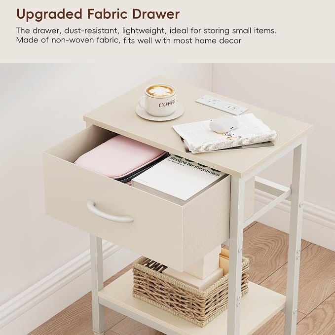 Vagusicc Nightstand Set of 2 with Charging Station, Bed Side Table with Fabric Drawer, Small End Table with 2-Tier Storage Shelves, 25.4" Tall Night Stand Bedside Table for Bedroom Living Room, Beige