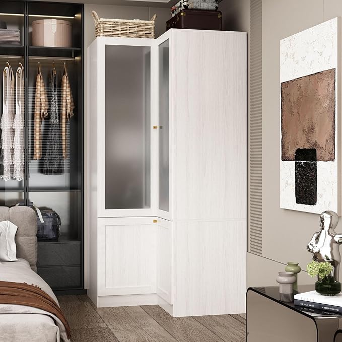 MOUMON Corner Wardrobe, L-Shaped Modern Bedroom Armoires with Frosted Glass Doors and Hanging Rod, Corner Armoire Wardrobe Closet, Wood Grain 35.4" W x 35.4" D x 70.9" H