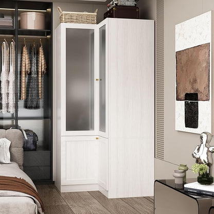 MOUMON Corner Wardrobe, L-Shaped Modern Bedroom Armoires with Frosted Glass Doors and Hanging Rod, Corner Armoire Wardrobe Closet, Wood Grain 35.4" W x 35.4" D x 70.9" H