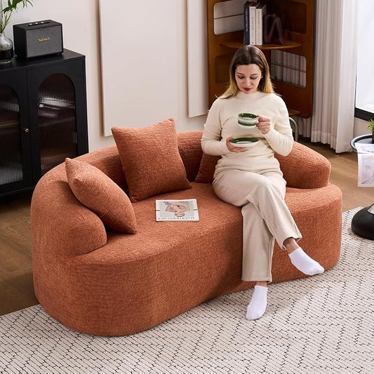 65" Curved Loveseat,Deep Seat Cloud Floor Couch with 3 Backrest,Cozy Chenille Fabric,Small Loveseat for Small Spaces,Bedroom,Office,Apartment (Coral, 65 Inch)