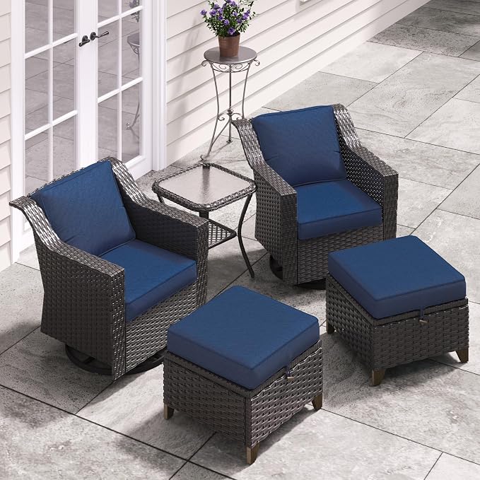 MeetLeisure 5 Pieces Patio Conversation Furniture Set - Swivel Chairs with Ottomans Set of 2, 1 Side Table, Outdoor Wicker Furniture Set with Washable Cushions for Porch, Balcony, Sunroom (Navy Blue)