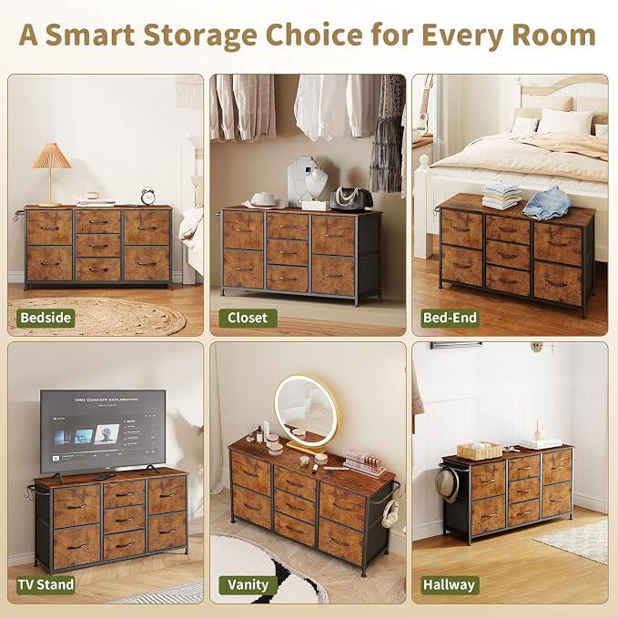 Fabric Dresser for Bedroom, Small Dressers for Kids Bedroom, 7 Drawers Dresser for Closet, Storage Organizer Chest of Drawers for Nursery, Dorm, Apartment, TV Stand, Wood Top, Side Hook (Rustic Brown)
