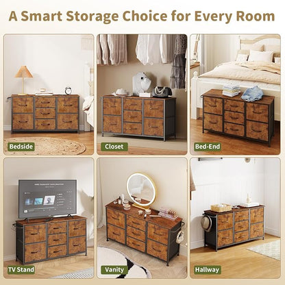 Fabric Dresser for Bedroom, Small Dressers for Kids Bedroom, 7 Drawers Dresser for Closet, Storage Organizer Chest of Drawers for Nursery, Dorm, Apartment, TV Stand, Wood Top, Side Hook (Rustic Brown)