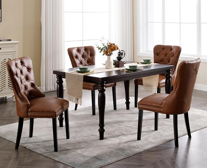 EALSON Modern Dining Chairs Set of 4 Mid Century Leather Dining Room Chairs with Wood Legs Tufted Upholstered Kitchen Side Chairs with Nail Head Trim for Dining Room/Living Room, Brown with Ring