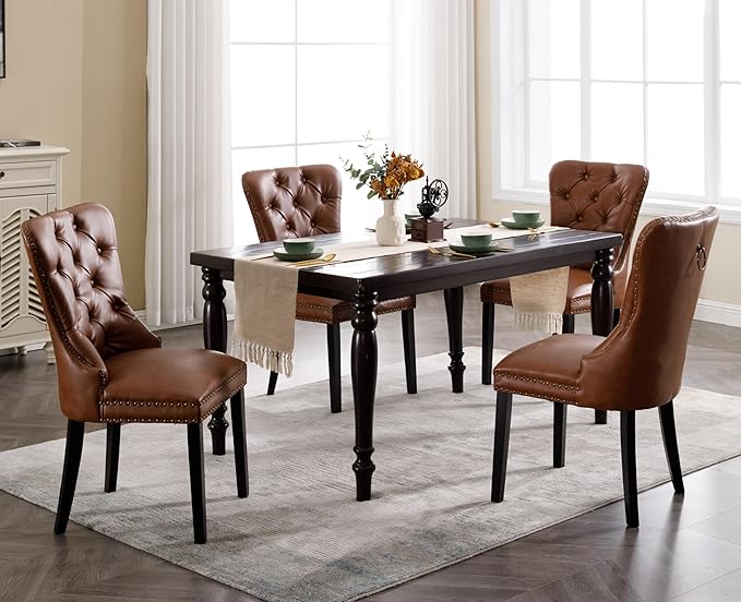 EALSON Modern Dining Chairs Set of 8 Mid Century Leather Dining Room Chairs with Wood Legs Tufted Upholstered Kitchen Side Chairs with Nail Head Trim for Dining Room/Living Room, Brown with Ring