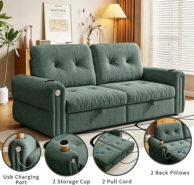Convertible Couches, Queen Size Pull Out Sofa Bed with USB Charging Port and Cup Holders, Plannelette Fabric Convertible Sofa Bed for Small Space, Living Room, Apartment, Guest Room, Green