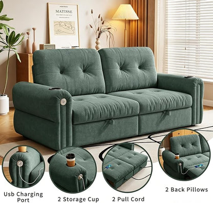 Convertible Couches, Queen Size Pull Out Sofa Bed with USB Charging Port and Cup Holders, Plannelette Fabric Convertible Sofa Bed for Small Space, Living Room, Apartment, Guest Room, Green
