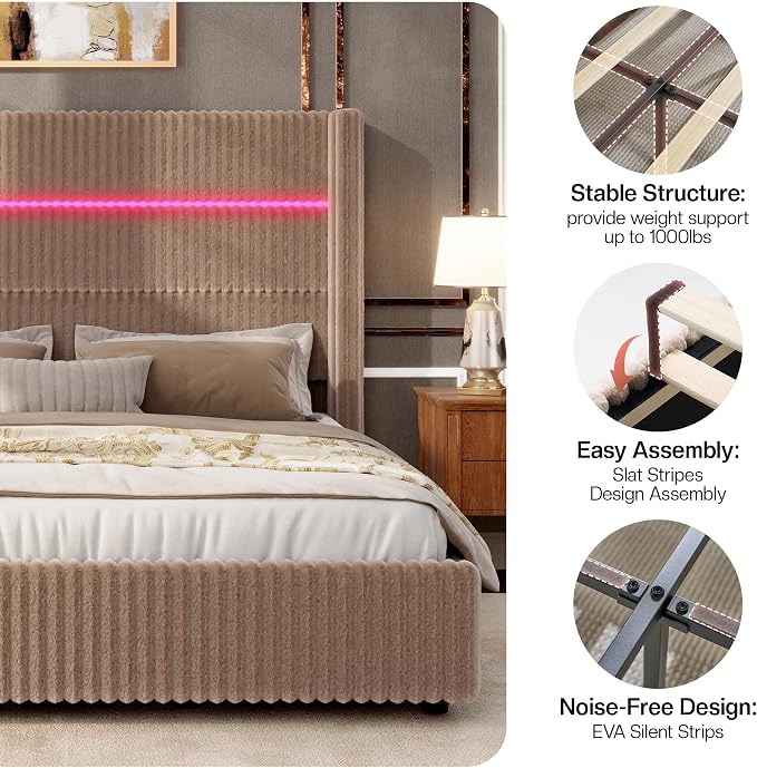 Jocisland King Size Corduroy Upholstered Bed Frame with 4 Storage Drawers & 51.2" Tall Wingback Headboard, LED Platform Bed with Charging Station, Easy Assembly, No Box Spring Needed, Dark Khaki