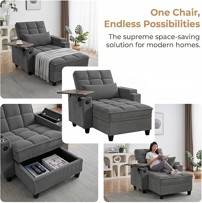 Convertible Sleeper Chair, Pull Out Sofa Bed with Adjustable Backrest & Hidden Storage Armrest, Single Sofa Recliner with USB Charging Port & Cup Holders for Living Room, Bedroom, Dark Gray