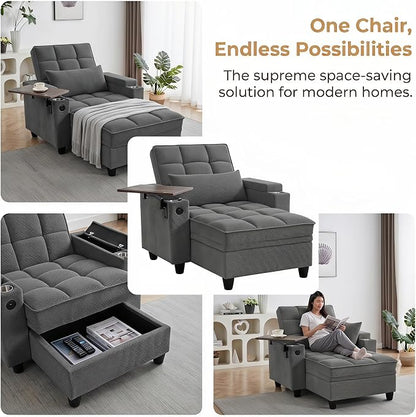 Convertible Sleeper Chair, Pull Out Sofa Bed with Adjustable Backrest & Hidden Storage Armrest, Single Sofa Recliner with USB Charging Port & Cup Holders for Living Room, Bedroom, Dark Gray