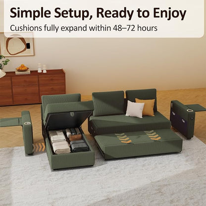 Ball & Cast 80" Sectional Sleeper Sofa Bed Pull Out Couches for Living Room | L Shaped Convertible Pull Out Sofa Bed with Storage Chaise, LED Lights, Foldable Table, USB Ports, Cup Holder and Side Pocket