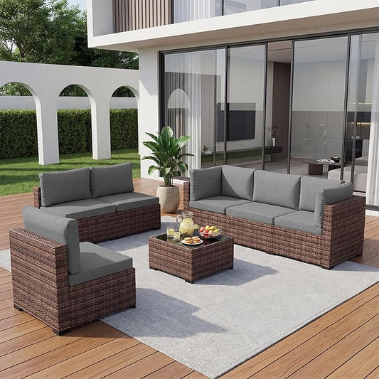 LHBcraft 7 Pieces Outdoor Wicker Rattan Patio Furniture, Wicker Rattan Outdoor Sectional Sofa Set with Coffee Table & Grey Cushions for Garden