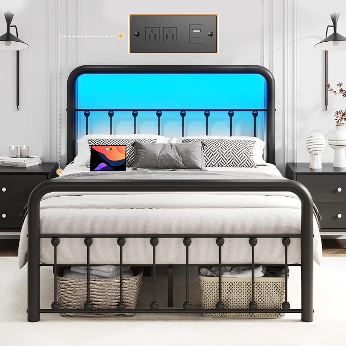Fluest 14 Inch Full Bed Frame Classic Metal Platform Bed Frame with Charging Station & LED, Victorian Style Iron-Art Headboard/Footboard, Under Bed Storage, No Box Spring Needed, Noise Free