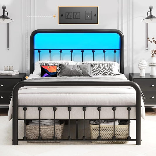 Fluest 14 Inch Full Bed Frame Classic Metal Platform Bed Frame with Charging Station & LED, Victorian Style Iron-Art Headboard/Footboard, Under Bed Storage, No Box Spring Needed, Noise Free