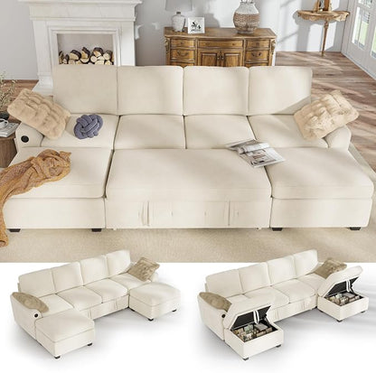 Hanherry 104" Sectional Couch with Pull Out Sofa Bed,Chenille Sleeper Sofa with Storage Ottoman & USB Charging,Comfy U Shaped Modular Couches for Living Room,Apartment