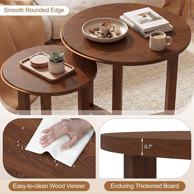 Giantex Round Nesting Coffee Table Set of 2, Wood Nesting End Tables with Thickened Top & Solid Rubber Wood Legs, Farmhouse Sofa Side Table for Small Spaces Living Room Bedroom (Walnut)