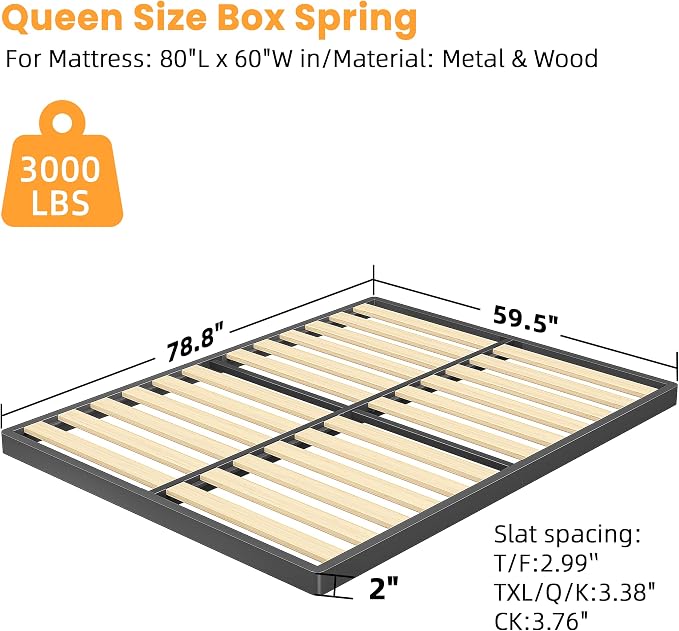 VIPSHOW 2 Inch Wood Slat King Box Spring with Round Corners - 3000 lbs Capacity, Low Profile Bed Slat Replacement Bunkie Board with Metal Frame, Noise-Free, Easy Assemble, Black