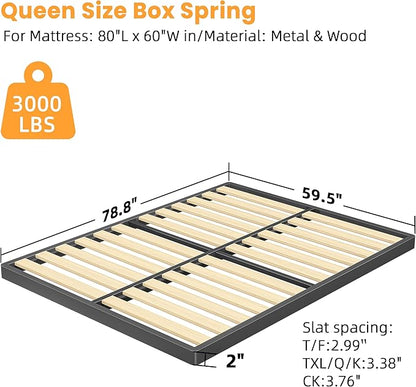 VIPSHOW 2 Inch Wood Slat Queen Box Spring with Round Corners - 3000 lbs Capacity, Low Profile Bed Slat Replacement Bunkie Board with Metal Frame, Noise-Free, Easy Assemble, Black