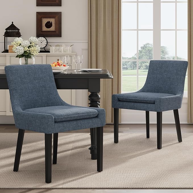 Modern Dining Room Chairs Set of 2 with Mid Back and Wood Legs, Upholstered Kitchen Chairs for Dining Room/Living Room, Blue
