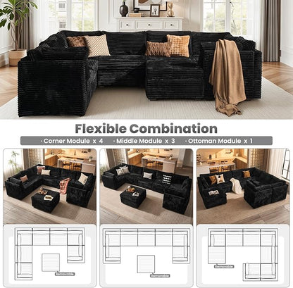 ovios Modular Sectional Sofa Couch with Sofa Bed L-Shape Chaise, Comfy Plush Corduroy Cloud Couches, Modern Luxury Deep Seat Sofas Set for Living Room, 8-Seater, Black