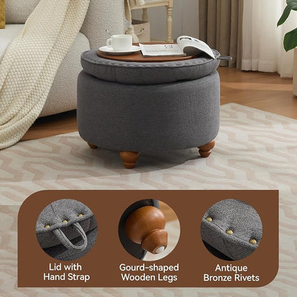 WUTUTUEE 24Inch Round Storage Ottoman with Tray, Modern Tufted Fabric Circle Coffee Table with Storage, Upholstered Ottoman with Removable Top for Living Room, Bedroom, Dark Grey