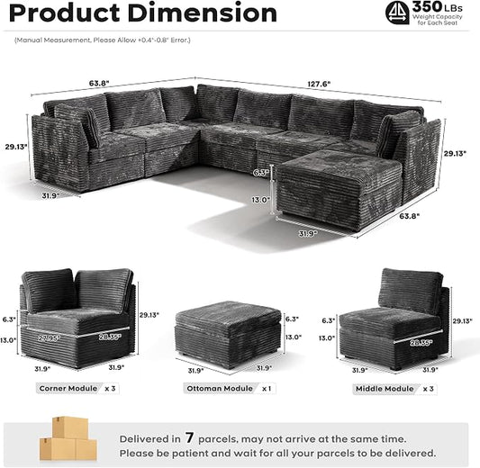 ovios Modular Sectional Sofa Couch with Sofa Bed U-Shape Chaise, Comfy Plush Corduroy Cloud Couches, Modern Luxury Deep Seat Sofas Set for Living Room, 7-Seater, Grey