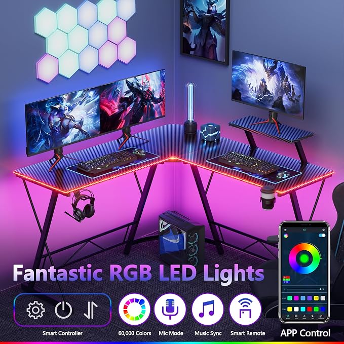 Mr IRONSTONE Gaming Desk with LED Lights, L Shaped Desk Corner with Cup Holder & Headphone Hook, Computer Desk Home Office Desks with Large Monitor Stand, Carbon Fiber Surface, Black 51 Inch