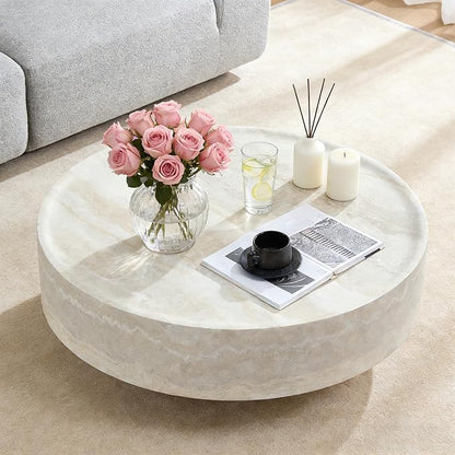 35.43" Modern Coffee Table Faux Marble Round Coffee Tables, Fiberglass Drum Center Table, Accent Low Circle Coffee Table Stone, Minimalist Sofa Side End Table for Living Room Apartment Office