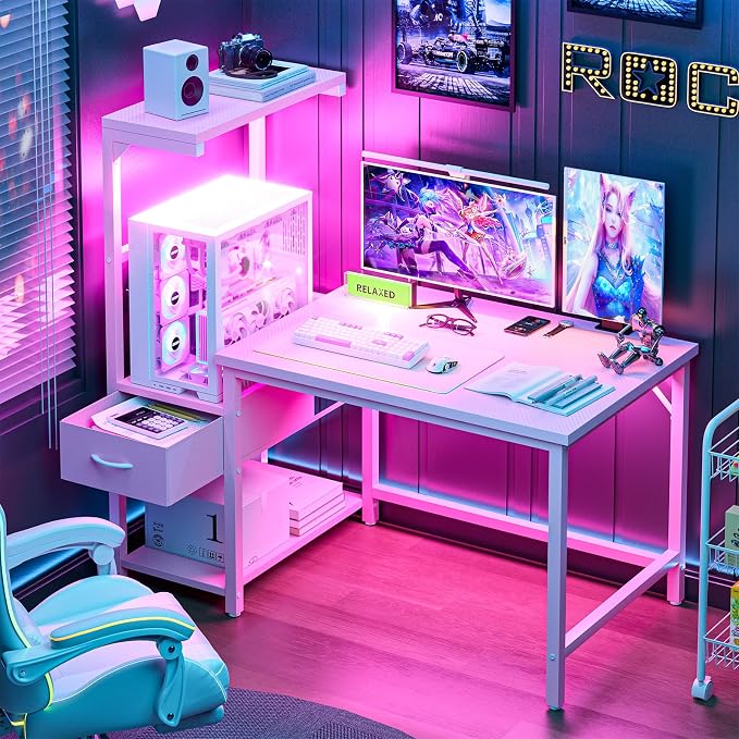 Grandder Gaming Desk 47 Inch with CPU Stand and LED Light, Computer Desk with Reversible Shelves and Storage Drawer, Pc Small Desk for Home Office Table with Bag, Pink