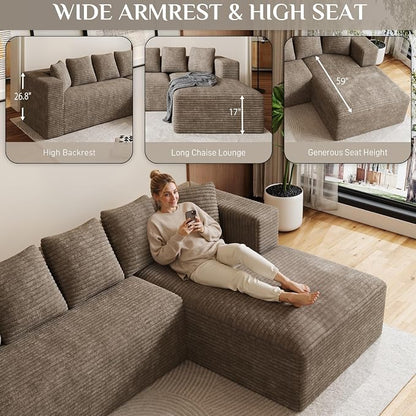 Oversized L Shaped Boneless Sectional Couches for Living Room, 107" Comfy Fluffy Cloud Modular Sectional Sofa, Plush Corduroy Memory Foam Floor Sofa with Right Facing Chaise Couch