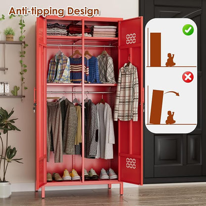 SUPEER 2 Door Red Metal Storage Locker Wardrobe Cabinet | 71 in metal wardrobe cabinet with lock, adjustable shelves, and hanging rods for home, office, garage, gym, or staff storage.