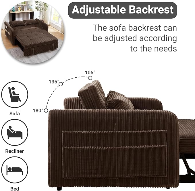 55.5" Corduroy Convertible Sofa Bed, Pull Out Sleeper Sofa Bed, Loveseat Couch with USB Charging Ports, 3 in 1 Convertible Sleeper Sofa Bed for Living Room, Apartment, Bedroom, RV, Brown