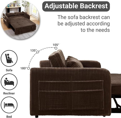 55.5" Corduroy Convertible Sofa Bed, Pull Out Sleeper Sofa Bed, Loveseat Couch with USB Charging Ports, 3 in 1 Convertible Sleeper Sofa Bed for Living Room, Apartment, Bedroom, RV, Brown