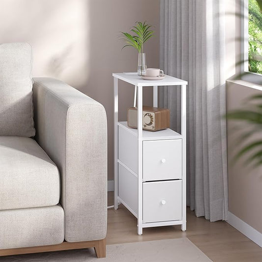 TUTOTAK Small Narrow End Table with Charging Station, Side Table with Outlets, Nightstand with 2 Cloth Drawers, Couch Table, for Living Room, Bedroom, Bedside, White TB01BW085