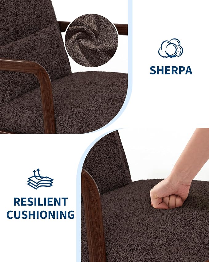 Garvee Mid-Century Accent Chair Set of 2, Sherpa Upholstery, Cozy Reading Chair, Modern Lounge Armchair with Lumbar Pillow, Sturdy Wood Frame, for Living Room, Bedroom, Office, Brown