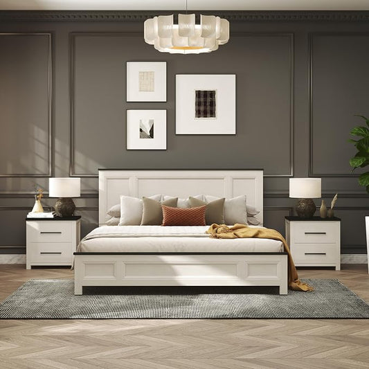 Roundhill Furniture Realynn 3-Piece Wood Bedroom Set, King Size Panel Bed with 2 Nightstands, Off-White Finish