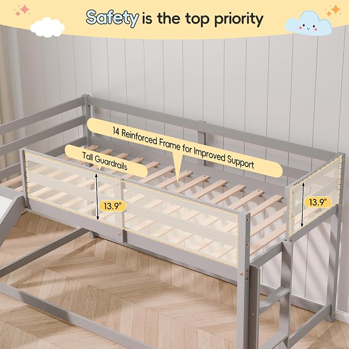 Bunk Bed with Slide, Wooden Bed Frame for Kids, Low Loft Bunk Bed Twin Over Twin with Ladders, Safety Guardrails for Kids, Toddlers, Boys, Girls, Teens, Bedroom (Grey)